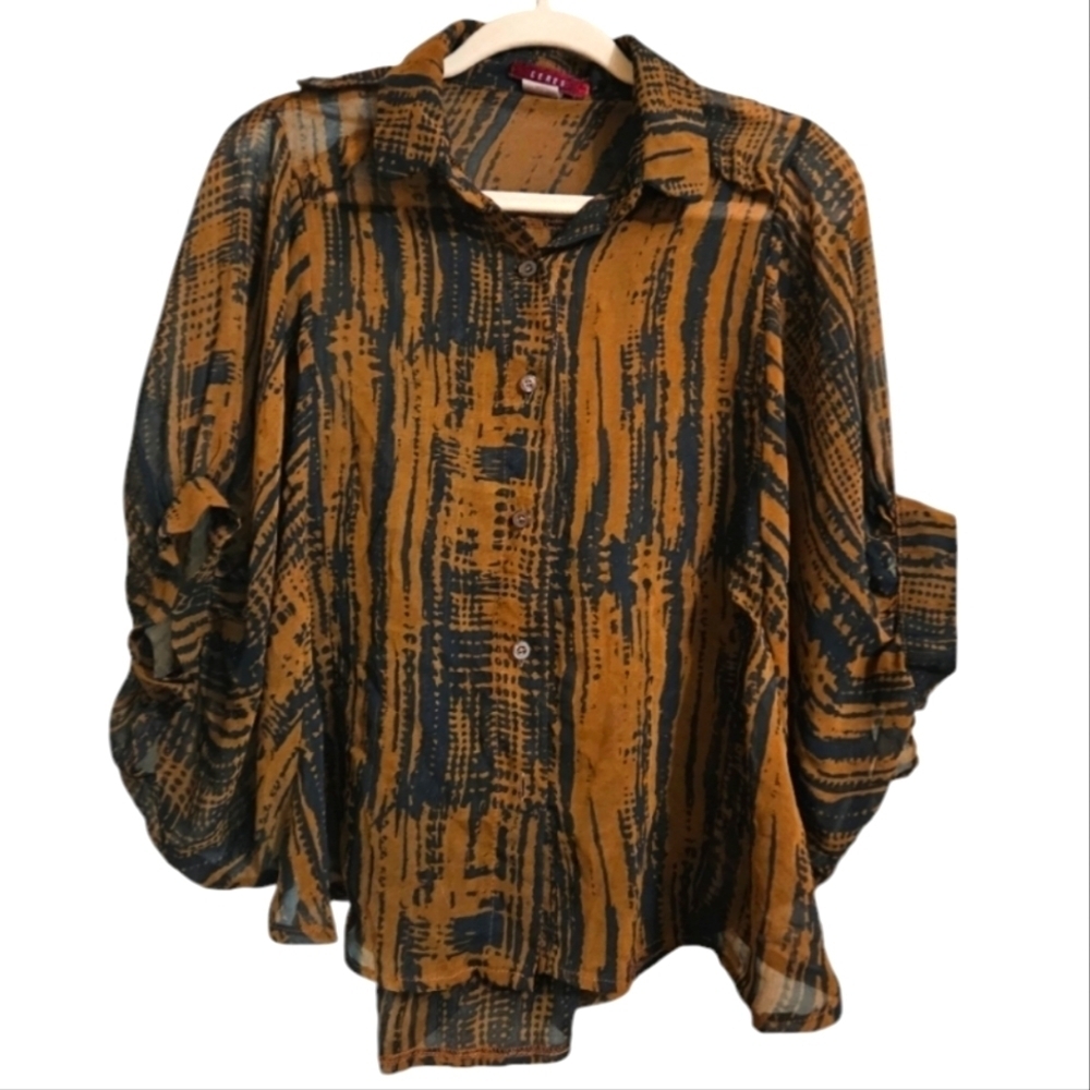Vintage CERES Brown/Black abstract print sheer buttonfront 3/4 sleeve top.Size S